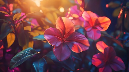 Close-up of vibrant tropical flowers bathed in the warm glow of a sunset with image showcases rich colors intricate details.