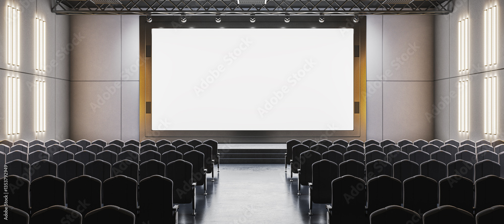 Poster blank screen in modern conference hall with empty black chairs. 3d rendering