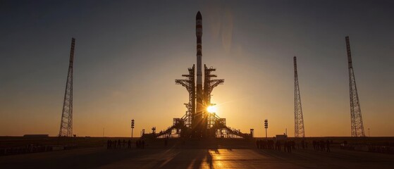 Fototapeta premium Rocket launch pad silhouetted against a sunset, showcasing a spacecraft and towers, highlighting space exploration technology.