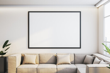 Modern living room interior with blank frame on wall. 3D Rendering