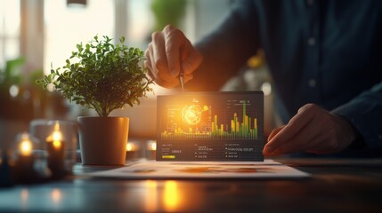 Close-up of hands interacting with a glowing holographic globe on a tablet amidst warm ambient light and lush green plants in an indoor setting