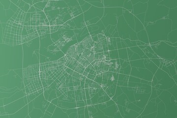 Stylized map of the streets of Harbin (China) made with white lines on green background. Top view. 3d render, illustration