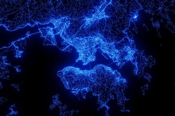 Street map of Hong Kong made with blue illumination and glow effect. Top view on roads network