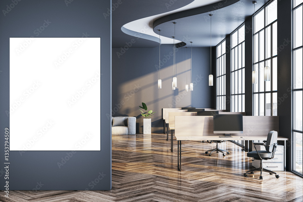 Poster modern office interior with large vertical poster mockup on dark wall. open workspace with sleek des