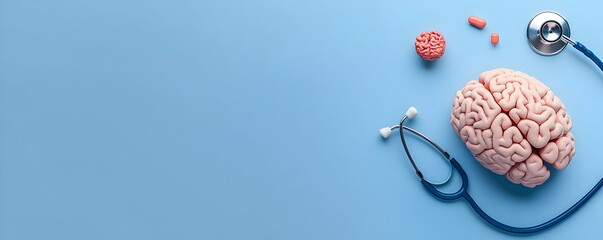 Top view of a stethoscope and a human brain model on a blue background.
