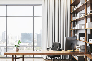 Modern executive office with wooden desk, black chair, and organized shelves. Large windows with city view and white curtains enhance spaciousness. 3D Rendering