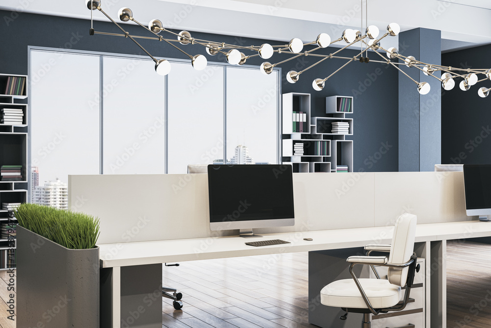 Poster modern office interior with large windows and city view. 3d rendering
