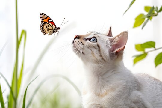 cat on grass  watch the butterfly