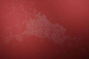 Map of the streets of Tabriz (Iran) made with white lines on abstract red background lit by two lights. Top view. 3d render, illustration