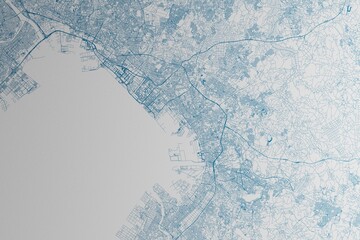 Map of the streets of Chiba (Japan) made with blue lines on white paper. 3d render, illustration