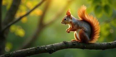Fototapeta premium Fluffy tail, bushy-tailed squirrel perched on oak branch, outdoor, branch