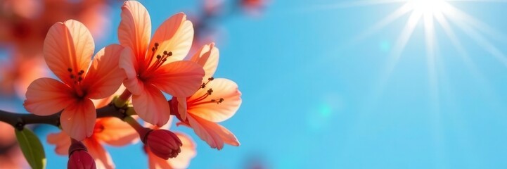 Obraz premium Fragrant orange blossoms against a clear blue sky, sunlight illuminating petals , image, botanical, sunny