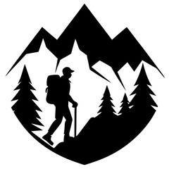 Backpacker Silhouette Hiking in Rugged Wilderness Vector Art