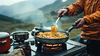 Two male friends skillfully cook a flavorful dish over a camping stove, surrounded by breathtaking mountain scenery. The camaraderie and joy of outdoor cooking shine brightly in their expressions.