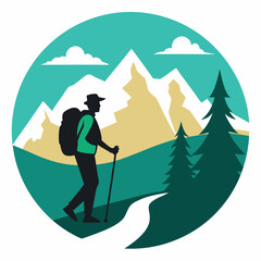 Hiker Silhouette on Mountain Trail - Outdoor Adventure Vector Art