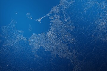 Stylized map of the streets of Fukuoka (Japan) made with white lines on abstract blue background lit by two lights. Top view. 3d render, illustration