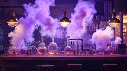 Obraz premium Colorful and Mysterious Laboratory Scene with Glass Beakers and Smoke in Purple Hues, Evoking a Sense of Scientific Discovery and Experimentation in a Dark Atmosphere