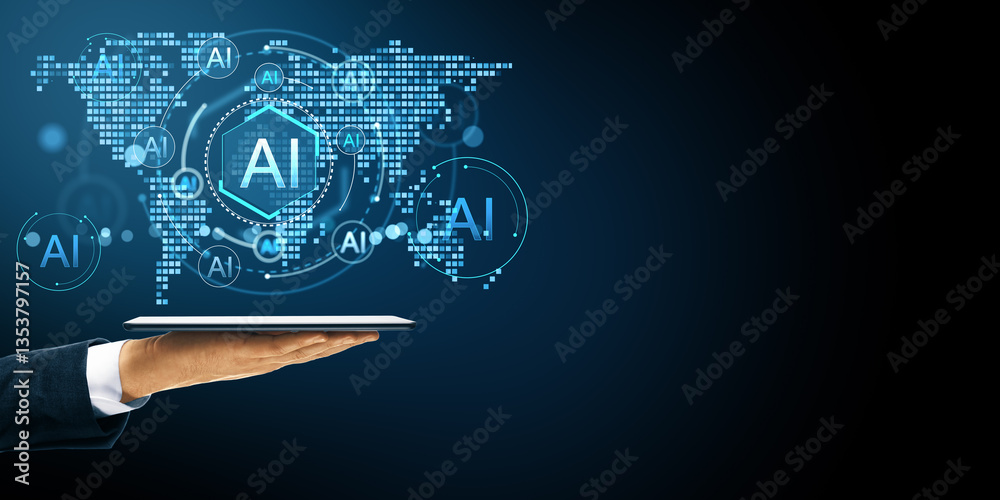 Poster futuristic ai network concept with glowing digital elements on a tablet.