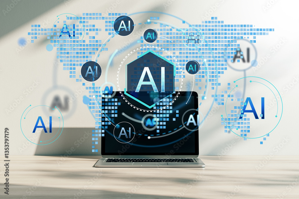 Poster AI technology concept with digital hologram symbols over laptop on desk. 3D Rendering
