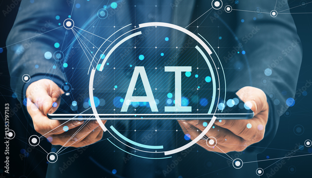 Canvas Prints ai technology concept with businessman holding tablet and digital network connections.