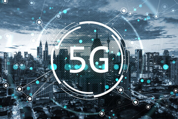 5G network technology concept with digital connections over a modern city skyline.