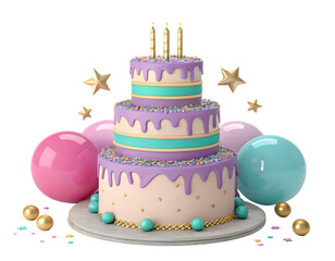 A three tier cake with candles and balloons on a black background for a celebration party event