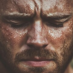 Obraz premium A close up portrait of a sweaty man with closed eyes