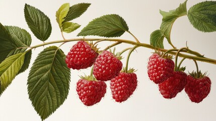 Detailed botanical rendering of ripe raspberries, with fine penwork, soft watercolor hues, and vintage botanical chart elements.