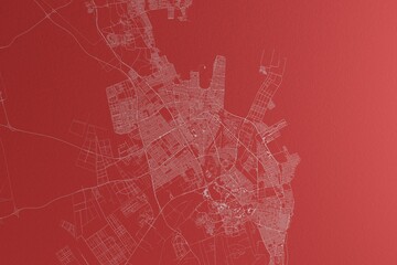 Map of the streets of Dammam (Saudi Arabia) made with white lines on red paper. Top view, rough background. 3d render, illustration