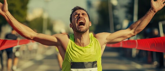 A jubilant runner crosses the finish line, arms raised in victory, embodying the thrill of achievement and determination in a race.