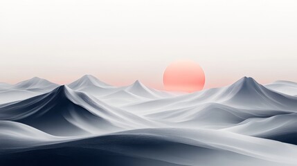 Minimalist surreal landscape with smooth flowing hills and a soft pastel sun rising in the background. Dreamlike abstract scenery with gentle textures and negative space for a tranquil atmosphere.