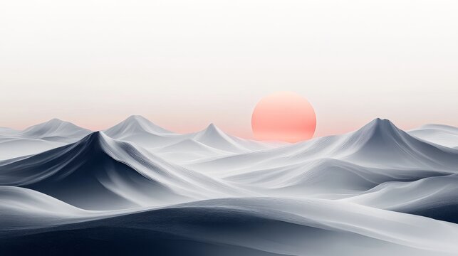 Minimalist surreal landscape with smooth flowing hills and a soft pastel sun rising in the background. Dreamlike abstract scenery with gentle textures and negative space for a tranquil atmosphere.