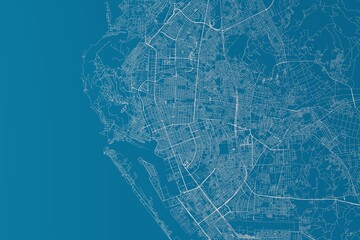 Map of the streets of Kaohsiung (Taiwan) made with white lines on blue background. 3d render, illustration