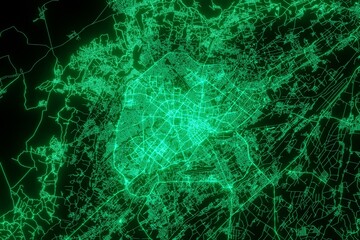 Map of the streets of Tashkent (Uzbekistan) made with green illumination and glow effect. Top view on roads network. 3d render, illustration