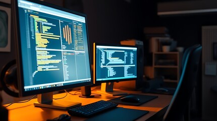 Two monitors displaying code in a dark room.