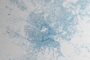 Map of the streets of Ho Chi Minh (Vietnam) made with blue lines on white paper. 3d render, illustration