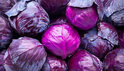 fresh red cabbage heads are piled together showing a vibrant purple color and interesting texture