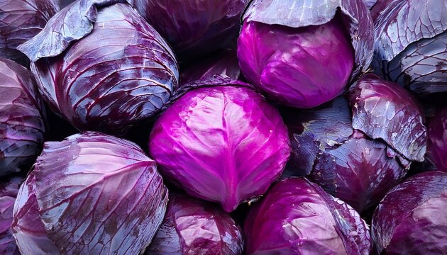 fresh red cabbage heads are piled together showing a vibrant purple color and interesting texture