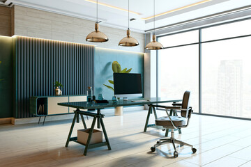 Modern executive office with luxury furniture and large windows overlooking the cityscape. 3D Rendering