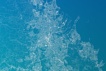 Map of the streets of Brisbane (Australia) made with white lines on greenish blue gradient background. 3d render, illustration