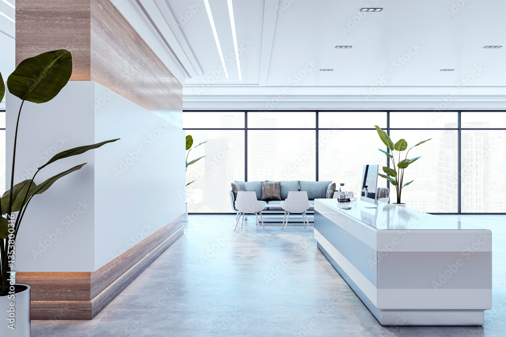 Poster modern office reception area with sleek white desk, large windows, and minimalist decor. bright and 