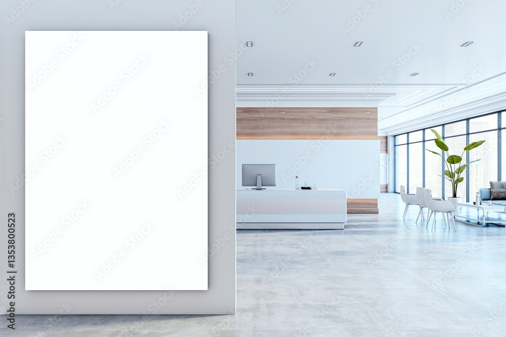 Aufkleber Modern office reception with blank vertical canvas on the wall. 3D Rendering