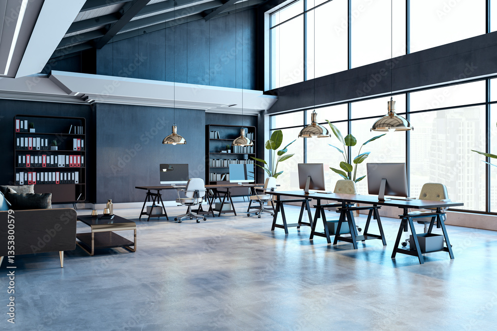 Poster modern open-concept office space with large windows, sleek desks, and minimalist furniture in a brig