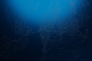 Street map of Kelowna (Canada) engraved on blue metal background. View with light coming from top. 3d render, illustration