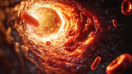 Stunning Visualization of Blood Cells Flowing Through a Vibrant and Fiery Blood Vessel in Motion