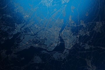 Street map of Montreal (Canada) engraved on blue metal background. View with light coming from top. 3d render, illustration