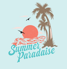 Naklejka premium Summer Vibes beach artwork. big waves under the sunset.  summer t-shirt design. summer paradise stylish t-shirt and apparel trendy design with palm trees silhouettes, typography, print, vector illustr