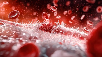 Close-up View of Red Blood Cells Flowing Through a Blood Vessel in Scientific and Medical Context