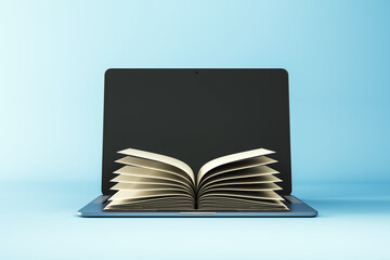 Open book placed on a laptop screen symbolizing online education and digital learning. 3D Rendering