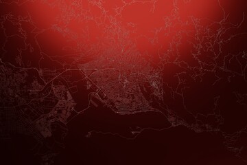 Street map of Kingston (Jamaica) engraved on red metal background. Light is coming from top. 3d render, illustration